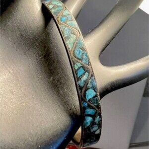 Inlaid Turquoise Colored Stone and Brass Bangle Vintage Tribal Stacking Fits 8"